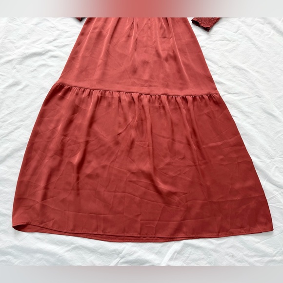 Express Satin Texture Tiered Rust Puff Long Sleeve Smock Waist Maxi Dress | XS - Picture 5 of 16